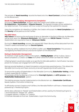 10
THE WEI ENABLEMENT PLATFORM (WENABLE)
The process of Need Awarding records the Need onto the Need Contract (a Smart Contract
on the Blockchain).
Needs Progress Tracking, Management & Completion
During the Need Fulﬁlment duration, both the Creator and Fulﬁller can open a
Re-Negotiation , Termination or Dispute Request . The Agreed changes will be updated on
the Need Contract. This however will incur a cost to the party that opened the request.
Upon the completion of a Need by a Fulﬁller, the Creator will accept the Need Completion and
the Bounty will be paid out to the Fulﬁller.
The WEI Token
WEI Tokens will serve as the exchange of value on Wenable in the form of Bounty. As Wenable
will be built upon the Ethereum Blockchain , WEI Tokens are ERC20 Tokens. Therefore,
Stakeholders are required to have an Ethereum Wallet.
During the Need Awarding process, the agreed WEI Token Bounty will be deducted from the
Creator’s wallet and locked-up in an Escrow System.
The Bounty will be credited into the Fulﬁller’s wallet upon Need Completion. This process is
managed by the Need Contract and Escrow System on the Blockchain.
Rating & Stakeholder Management
To maintain a high quality of data in the system, a Rating System will be in place. Upon a
Need Completion, a Creator can Rate the Fulﬁller while the Fulﬁller can Rate the “Need”.
A Rating System would also enable us to gamify the Wenable platform. Gamiﬁcation has been
proven to increase user engagement with the system.
Ratings provide feedback on Need Completion and promotes good behaviour. This allows the
Wenable Community and Token economy to be self-regulating and self-sustaining.
To ensure the quality of Stakeholders in the Wenable Community, Stakeholder Vetting will be
in place, especially for Fulﬁllers.
This process will be handled by a mixture of an Oversight System, an eKYC process and a
Stakeholder Endorsement system.
This Vetting process may be implemented on the Blockchain as a Stakeholder Certiﬁcate .
Needs Explorer, Promotion & Matching
To efﬁciently connect Creators and Fulﬁllers, the Wenable Platform will have a Needs Explorer
powered by a Marketing Engine .
All the data collected on “Needs” and Stakeholders will be used by the Marketing Engine to
1. Promoterelevant “Needs” toF ulﬁllers
2. Suggest relevant Fulﬁllers to Creators
3. Promote Wenable to ﬁnd new Stakeholders to join the Community.
 