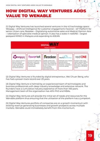 19
(1) Digital Way Ventures has launched several ventures in the 4.0 technology space :
Wooppy – Artiﬁcial Intelligence for customer engagement; Favoriot – IoT Platform for
senior citizen care; Rezekee – Digitalising automotive sales and Medical Opinion Asia
– Uberisation of specialist medical opinion. It also has a stake in redONE – largest
postpaid MVNO in Malaysia and expanding to ASEAN.
(2) Digital Way Ventures is founded by digital entrepreneur, Wei Chuan Beng, who
has had a proven track record over 29 years.
(3) Digital Way Venture is helmed by an experienced team of technologists and
business professionals with deep industry knowledge and extensive network. The
founders have a cumulative industry experience of more than 100 years.
Management team of the organisation has 40% PhD and MBAs.
(4) Digital Way Ventures will provide the initial set of needs and resources for the
Wenable platform thus ensuring that the utilisation of the platform has a jumpstart.
(5) Digital Way Ventures portfolio of companies are on a growth momentum with
existing revenue generating businesses and growth prospects across multiple
markets. Wenable could immediately beneﬁt from this momentum.
HOW DIGITAL WAY VENTURES ADDS
VALUE TO WENABLE
HOW DIGITAL WAY VENTURES ADDS VALUE TO WENABLE
 