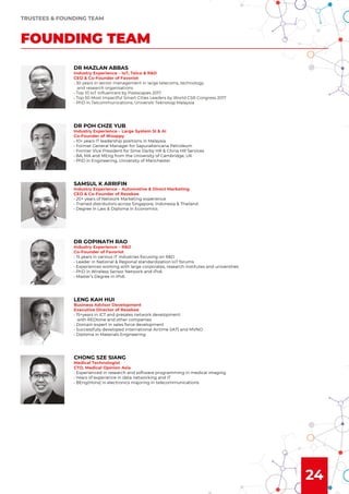 24
FOUNDING TEAM
TRUSTEES & FOUNDING TEAM
DR MAZLAN ABBAS
Industry Experience – IoT, Telco & R&D
CEO & Co-Founder of Favoriot
• 30 years in senior management in large telecoms, technology
and research organisations
• Top 10 IoT Inﬂuencers by Postscapes 2017
• Top 50 Most Impactful Smart Cities Leaders by World CSR Congress 2017
• PhD in Telcommunications, Universiti Teknologi Malaysia
DR POH CHZE YUB
Industry Experience – Large System SI & AI
Co-Founder of Wooppy
• 10+ years IT leadership positions in Malaysia
• Former General Manager for SapuraKencana Petroleum
• Former Vice President for Sime Darby HR & China HR Services
• BA, MA and MEng from the University of Cambridge, UK
• PhD in Engineering, University of Manchester
SAMSUL K ARRIFIN
Industry Experience – Automotive & Direct Marketing
CEO & Co-Founder of Rezekee
• 20+ years of Network Marketing experience
• Trained distributors across Singapore, Indonesia & Thailand
• Degree in Law & Diploma in Economics
DR GOPINATH RAO
Industry Experience – R&D
Co-Founder of Favoriot
• 15 years in various IT industries focusing on R&D
• Leader in National & Regional standardization IoT forums
• Experiences working with large corporates, research institutes and universities
• PhD in Wireless Sensor Network and IPv6
• Master’s Degree in IPv6
LENG KAH HUI
Business Advisor Development
Executive Director of Rezekee
• 15+years in ICT and presales network development
with REDtone and other companies
• Domain expert in sales force development
• Successfully developed International Airtime (IAT) and MVNO
• Diploma in Materials Engineering
CHONG SZE SIANG
Medical Technologist
CTO, Medical Opinion Asia
• Experienced in research and software programming in medical imaging
• Years of experience in data networking and IT
• BEng(Hons) in electronics majoring in telecommunications
 
