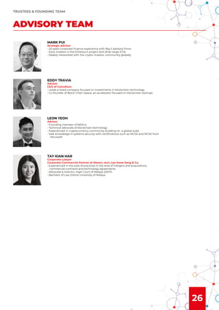 26
ADVISORY TEAM
TRUSTEES & FOUNDING TEAM
MARK PUI
Strategic Advisor
• 20 years corporate ﬁnance experience with Big 5 advisory ﬁrms.
• Early investor in the Ethereum project and other large ICOs
• Deeply networked with the crypto investor community globally
EDDY TRAVIA
Advisor
CEO of Coinsilium
• Leads a listed company focused on investments in blockchain technology
• Co-founder of Block Chain Space, an accelerator focused on blockchain startups
LEON YEOH
Advisor
• Founding member of NEM.io
• Technical advocate of blockchain technology
• Experienced in cryptocurrency community building on a global scale
• Vast knowledge in systems security with certiﬁcations such as MCSA and MCSE from
Microsoft
TAY KIAN HAR
Corporate Lawyer
Corporate Commercial Partner at Messrs. Azri, Lee Swee Seng & Co.
• Experienced in the area of practices in the area of mergers and acquisitions,
commercial contracts and technology agreements.
• Advocate & Solicitor, High Court of Malaya (2007)
• Bachelor of Law (Hons) University of Malaya
 