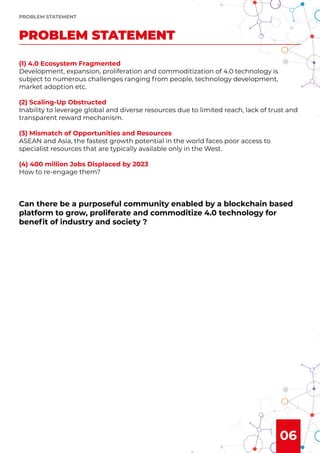 06
(1) 4.0 Ecosystem Fragmented
Development, expansion, proliferation and commoditization of 4.0 technology is
subject to numerous challenges ranging from people, technology development,
market adoption etc.
(2) Scaling-Up Obstructed
Inability to leverage global and diverse resources due to limited reach, lack of trust and
transparent reward mechanism.
(3) Mismatch of Opportunities and Resources
ASEAN and Asia, the fastest growth potential in the world faces poor access to
specialist resources that are typically available only in the West.
(4) 400 million Jobs Displaced by 2023
How to re-engage them?
Can there be a purposeful community enabled by a blockchain based
platform to grow, proliferate and commoditize 4.0 technology for
beneﬁt of industry and society ?
PROBLEM STATEMENT
PROBLEM STATEMENT
 