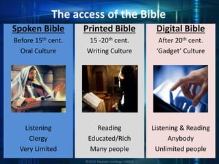 Spoken Bible
Before 15th cent.
Oral Culture
Listening
Clergy
Very Limited
Printed Bible
15 -20th cent.
Writing Culture
Reading
Educated/Rich
Many people
Digital Bible
After 20th cent.
‘Gadget’ Culture
Listening & Reading
Anybody
Unlimited people
The access of the Bible
©2015 Yayasan Lembaga SABDA
 