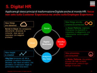 Copyright © 2015 Accenture All rights reserved. 20
Applicare gli stessi principi di trasformazioneDigitale anche al mondo HR: focus
non solo sulla Customer Experience ma anche sulla Employee Experience
Digital
Business
Cloud
Mobility/
Web
Social
Analytics/
Big DataI Big Data forniscono all’ HR la
possibilità di estrarre informazioni,
attraverso dati interni ed esterni, che
permettono di indirizzare meglio le
performance della forza lavoro
Servizi in Cloud che consegnano
velocemente all’azienda le
consumer –type app per
rispondere con maggiore
prontezza
Le Mobile Platforms che portano i
processi HR dalla scrivania
all’applicazione pratica in ogni
tipologia di business
Le Social Platforms migliorano
l’interazione tra dipendenti e
consentono il collegamento e la
collaborazione anche a grandi
distanze
5. Digital HR
How things
are delivered
How processes
are consumed
How things are dis-
covered & connected
How insight
is created
 