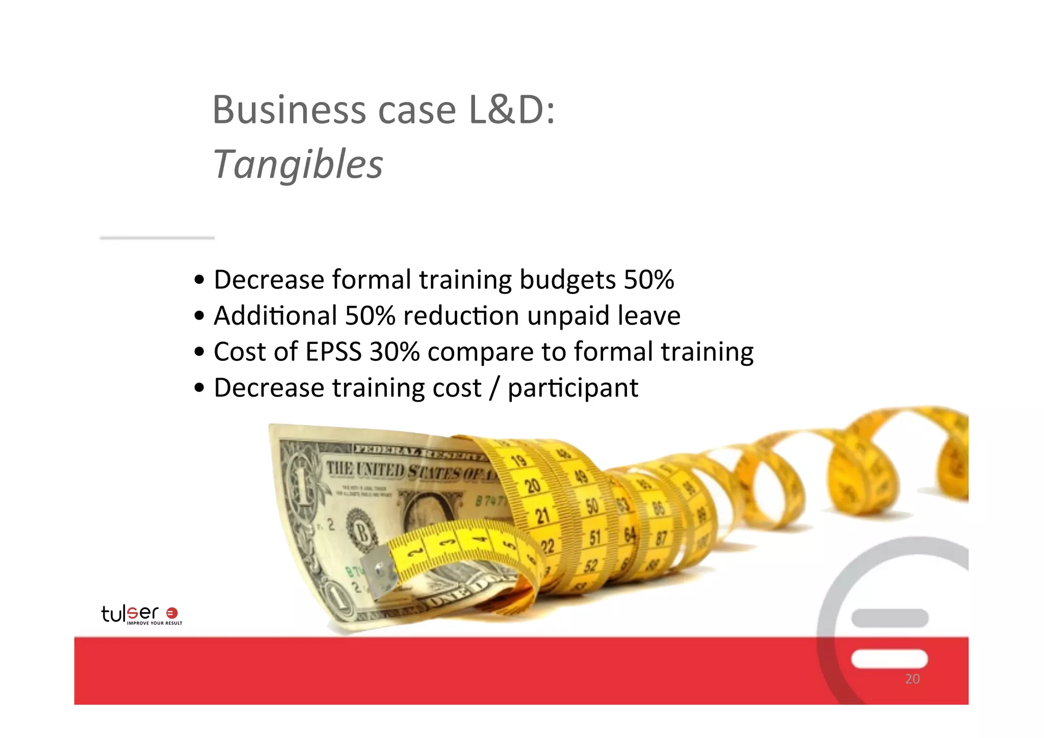 Business	
  case	
  L&D:
  Tangibles

•	
  Decrease	
  formal	
  training	
  budgets	
  50%	
  
•	
  Addi/onal	
  50%	
  reduc/on	
  unpaid	
  leave
•	
  Cost	
  of	
  EPSS	
  30%	
  compare	
  to	
  formal	
  training
•	
  Decrease	
  training	
  cost	
  /	
  par/cipant




                                                                        20
 