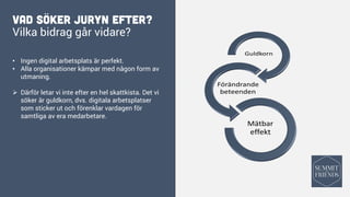 Vad söker juryn efter?
Vilka bidrag går vidare?
• Ingen digital arbetsplats är perfekt.
• Alla organisationer kämpar med någon form av
utmaning.
Ø Därför letar vi inte efter en hel skattkista. Det vi
söker är guldkorn, dvs. digitala arbetsplatser
som sticker ut och förenklar vardagen för
samtliga av era medarbetare.
 