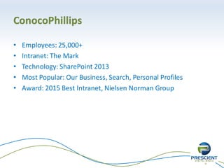 16
ConocoPhillips
• Employees: 25,000+
• Intranet: The Mark
• Technology: SharePoint 2013
• Most Popular: Our Business, Search, Personal Profiles
• Award: 2015 Best Intranet, Nielsen Norman Group
 