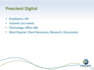 24
Prescient Digital
• Employees: 10+
• Intranet: (no name)
• Technology: Office 365
• Most Popular: Client Resources, Research, Discussions
 