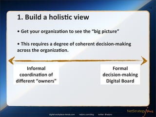 12



1.	
  Build	
  a	
  holis/c	
  view
•	
  Get	
  your	
  organiza/on	
  to	
  see	
  the	
  “big	
  picture”

•	
  This	
  requires	
  a	
  degree	
  of	
  coherent	
  decision-­‐making	
  
across	
  the	
  organiza/on.


     Informal	
                                                                  Formal	
  
  coordina/on	
  of	
                                                       decision-­‐making	
  
diﬀerent	
  “owners”                                                         Digital	
  Board




                      digital-workplace-trends.com   netjmc.com/blog   twitter: @netjmc
 