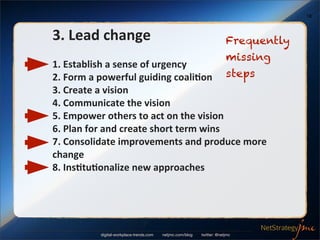 18



3.	
  Lead	
  change                                                        Frequently
                                                                            missing
1.	
  Establish	
  a	
  sense	
  of	
  urgency
2.	
  Form	
  a	
  powerful	
  guiding	
  coali/on steps
3.	
  Create	
  a	
  vision
4.	
  Communicate	
  the	
  vision
5.	
  Empower	
  others	
  to	
  act	
  on	
  the	
  vision
6.	
  Plan	
  for	
  and	
  create	
  short	
  term	
  wins
7.	
  Consolidate	
  improvements	
  and	
  produce	
  more	
  
change
8.	
  Ins/tu/onalize	
  new	
  approaches




              digital-workplace-trends.com   netjmc.com/blog   twitter: @netjmc
 