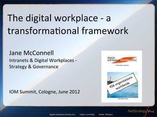 The	
  digital	
  workplace	
  -­‐	
  a	
  
transforma6onal	
  framework

Jane	
  McConnell
Intranets	
  &	
  Digital	
  Workplaces	
  -­‐	
  
Strategy	
  &	
  Governance

                                                                                                          ns
                                                                                                  niz atio
                                                                                              orga wide
                                                                                          456 world
IOM	
  Summit,	
  Cologne,	
  June	
  2012



                             digital-workplace-trends.com   netjmc.com/blog   twitter: @netjmc
 