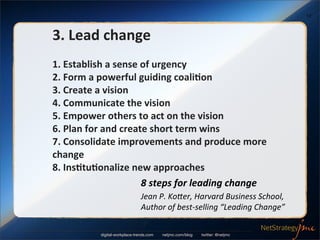 17



3.	
  Lead	
  change
1.	
  Establish	
  a	
  sense	
  of	
  urgency
2.	
  Form	
  a	
  powerful	
  guiding	
  coali/...
