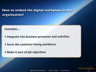 8


How to embed the digital workplace in the
organization?



 Examples...

 •	
  Integrate	
  into	
  business	
  proces...