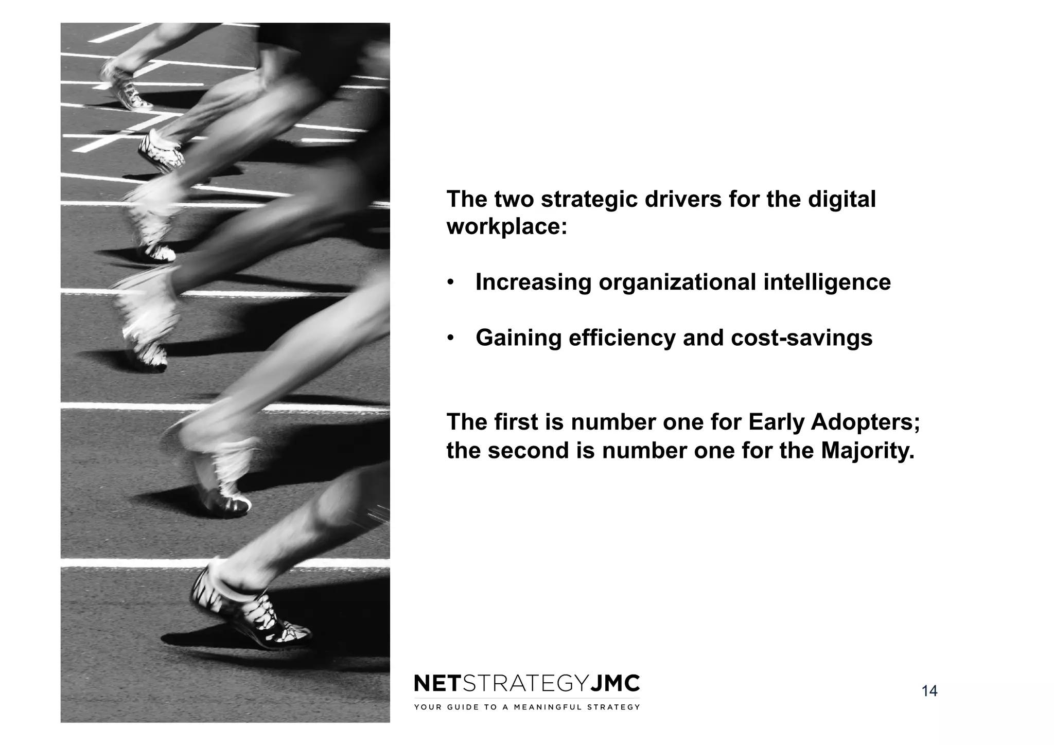 The two strategic drivers for the digital
workplace:
•  Increasing organizational intelligence
•  Gaining efficiency and cost-savings
The first is number one for Early Adopters;
the second is number one for the Majority.

14

 