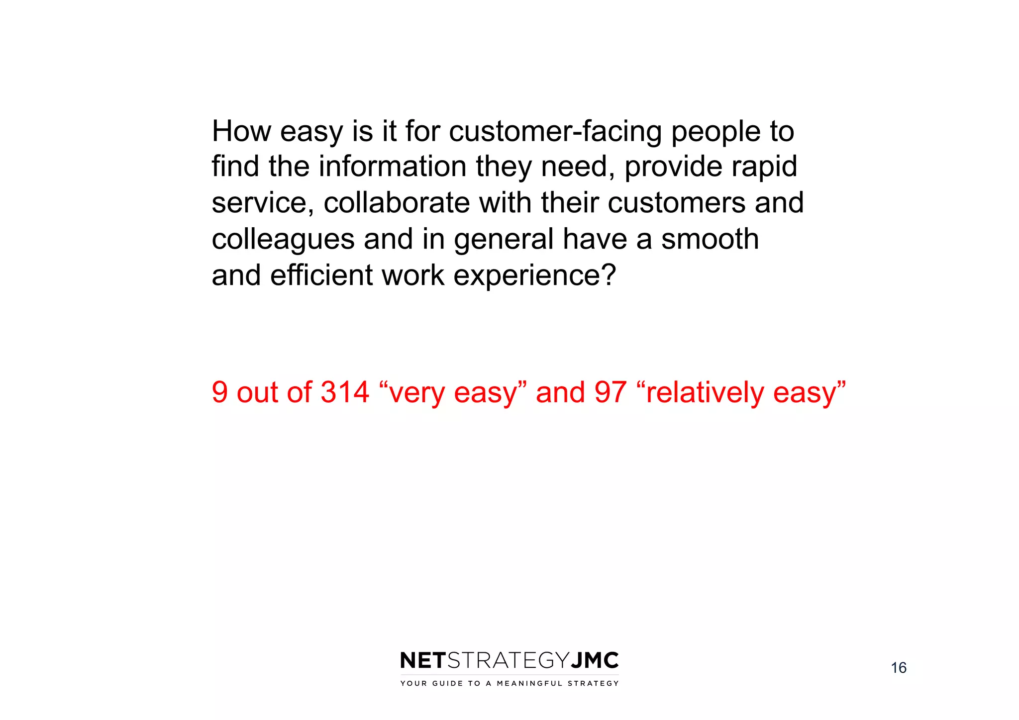 How easy is it for customer-facing people to
find the information they need, provide rapid
service, collaborate with their customers and
colleagues and in general have a smooth
and efficient work experience?

9 out of 314 “very easy” and 97 “relatively easy”

16

 