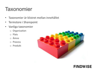 • Taxonomier är klistret mellan innehållet
• Termstore i Sharepoint
• Vanliga taxonomier
o Organisation
o Plats
o Ämne
o Process
o Produkt
Taxonomier
 