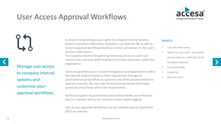 User Access Approval Workflows
Manage user access
to company internal
systems and
customize your
approval workflows
A solution for granting access rights to company internal systems
based on business information available in an external DB, as well as
custom approval workflows based on certain parameters in the user’s
business information.
This business solution for granting/removing access to users can
reduce costs and time while making the process automatic within the
organization.
Users are granted access to data manipulation and applications within
the internal systems based on their request sent through an
automated email workflow to superiors and other people entitled to
approve requests. We can map the business processes and create
automatic email flows within the requirements.
Technical support responsiveness and maintainability are enhanced
due to a solution add-on for severity context-aware logging.
User Access Approval Workflows can be implemented on SharePoint
2013 on-premise.
www.accesa.eu14
• Cost and time saving
• Specific as you need - accomplish
exactly what you need with email
template collection
• Centralized data
• Scalability
• Reduces errors
BENEFITS
 