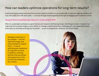 How can leaders optimize operations for long-term results?
Implementing processes and practices to build a hybrid workforce is no simple task. It requires aligning workers not
only with tasks, but with each other — not only through technologies, but through an engaging and inclusive culture.
Doing all this successfully may require a C-suite mindset shift.
After all, yesterday’s workplace is gone forever, and today’s is still taking shape. One thing is certain, however. Your
organization’s success hinges on your ability to manage a hybrid workforce, challenge your own expectations and
assumptions, and keep evolving your business … so you’re prepared for whatever the future holds.
Strategic investment in
your people — and the
right technology, tools
and processes to support
them — is key to
optimizing your operations
for long-term success.
In addition, choosing
partners that can advise
and support you on the
journey will accelerate
your results.
 