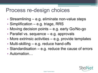 Process re-design choices
• Streamlining – e.g. eliminate non-value steps
• Simplification – e.g. triage, RRS
• Moving decision points – e.g. early Go/No-go
• Parallel vs. sequence – e.g. approvals
• More extrinsic activities – e.g. provide templates
• Multi-skilling – e.g. reduce hand-offs
• Standardisation – e.g. reduce the cause of errors
• Automation…
Digital Transformation
 