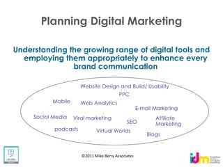 Planning Digital Marketing

Understanding the growing range of digital tools and
  employing them appropriately to enhance every
               brand communication

                       Website Design and Build/ Usability
                                          PPC
           Mobile      Web Analytics
                                                     E-mail Marketing
     Social Media   Viral marketing                         Affiliate
                                              SEO           Marketing
            podcasts          Virtual Worlds
                                                         Blogs



                       ©2011 Mike Berry Associates
 