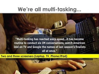 -tasking...




Two and three screeners (Laptop, TV, Phone/iPad)




                          ©2011 Mike Berry Associates
 
