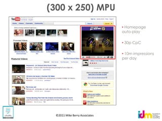 (300 x 250) MPU

                                Homepage
                               auto-play

                                30p CpC

                                10m impressions
                               per day




 ©2011 Mike Berry Associates
 