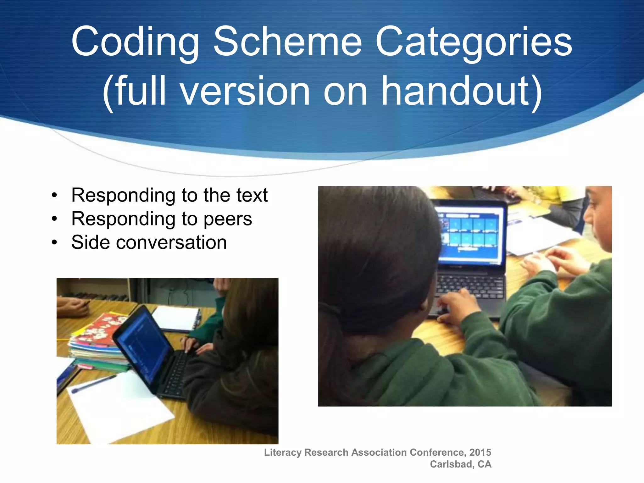 Coding Scheme Categories
(full version on handout)
Literacy Research Association Conference, 2015
Carlsbad, CA
• Responding to the text
• Responding to peers
• Side conversation
 