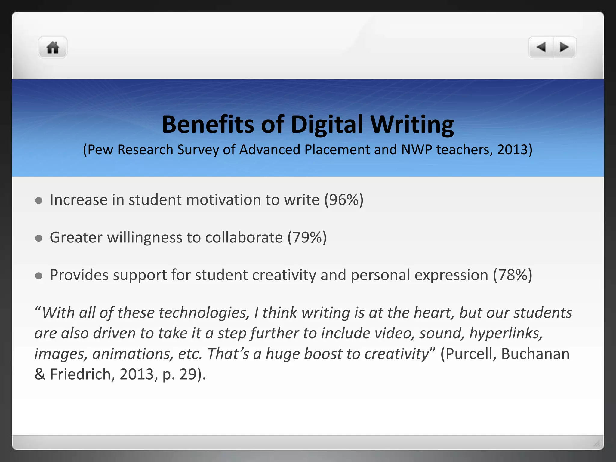 Benefits of Digital Writing
(Pew Research Survey of Advanced Placement and NWP teachers, 2013)
 Increase in student motivation to write (96%)
 Greater willingness to collaborate (79%)
 Provides support for student creativity and personal expression (78%)
“With all of these technologies, I think writing is at the heart, but our students
are also driven to take it a step further to include video, sound, hyperlinks,
images, animations, etc. That’s a huge boost to creativity” (Purcell, Buchanan
& Friedrich, 2013, p. 29).
 