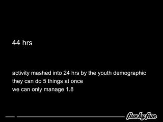 44 hrs activity mashed into 24 hrs by the youth demographic they can do 5 things at once we can only manage 1.8 