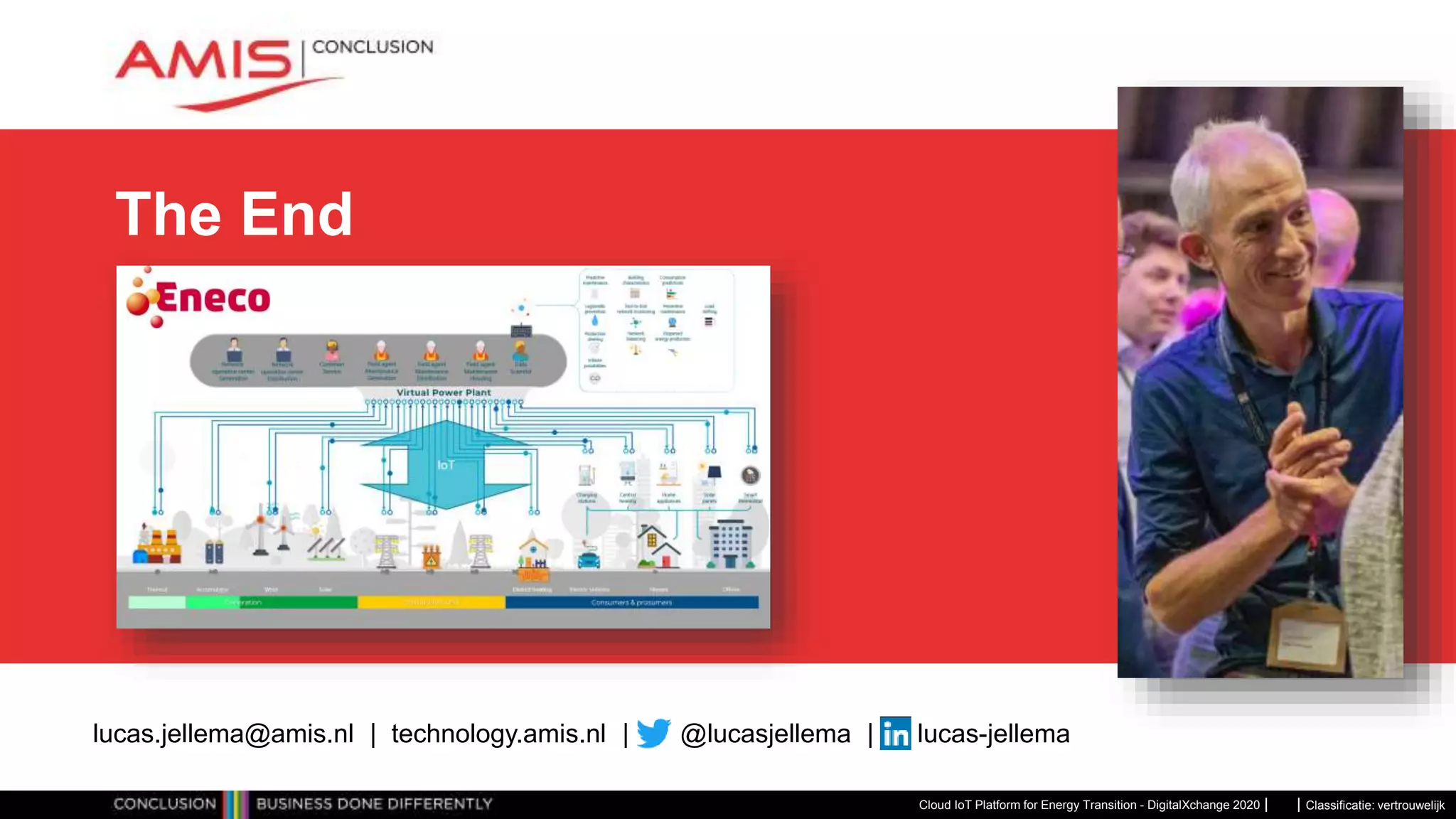 Classificatie: vertrouwelijk
The End
Cloud IoT Platform for Energy Transition - DigitalXchange 2020
lucas.jellema@amis.nl | technology.amis.nl | @lucasjellema | lucas-jellema
 