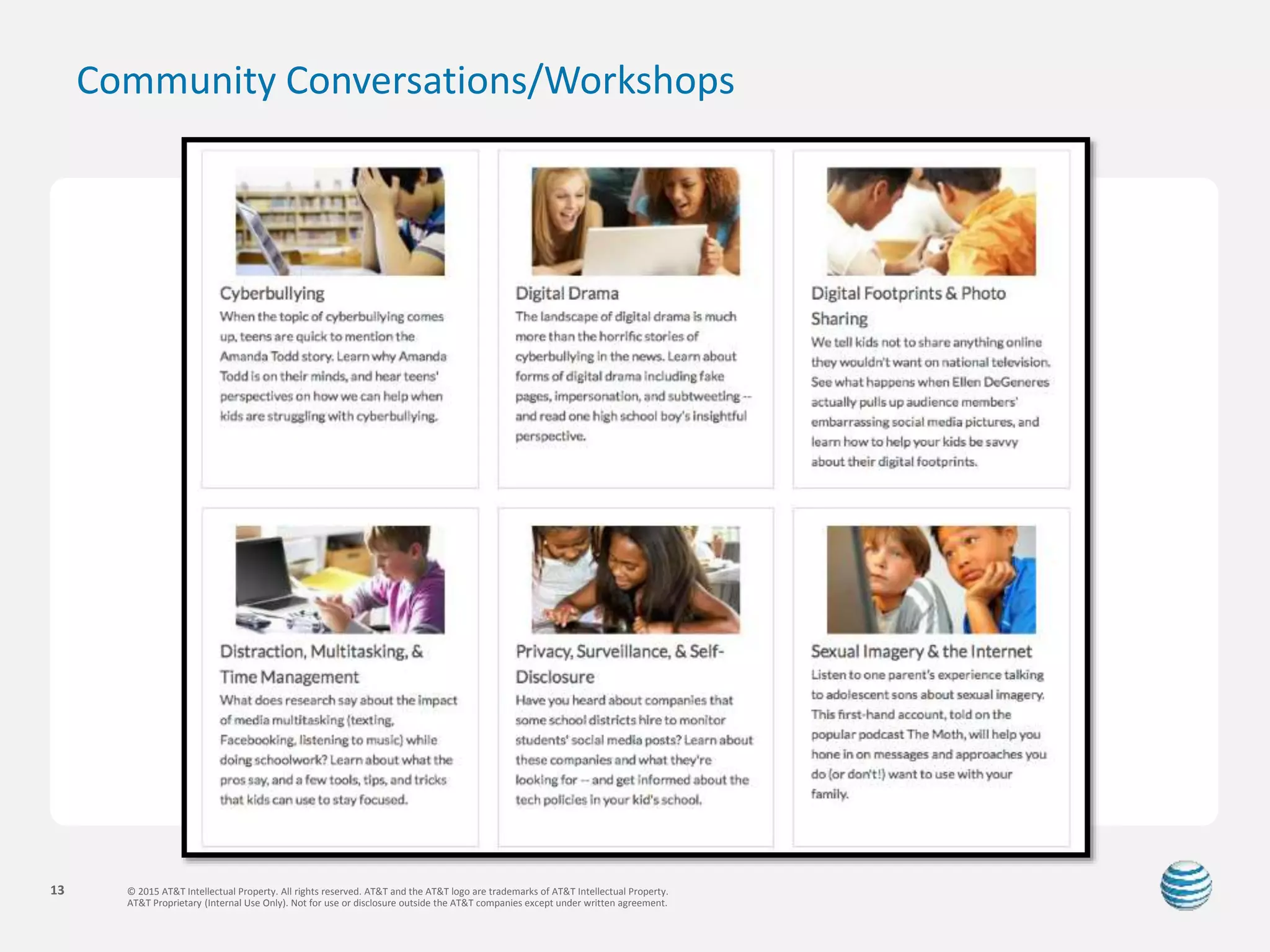 © 2015 AT&T Intellectual Property. All rights reserved. AT&T and the AT&T logo are trademarks of AT&T Intellectual Property.
AT&T Proprietary (Internal Use Only). Not for use or disclosure outside the AT&T companies except under written agreement.
13
Community Conversations/Workshops
 
