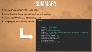 SUMMARY
Keyword“orta sehpa” : 100 results URLs1
Record relative linking metrics (ranks) for each position2
Repeat 100.000 times w/ different keywords3
You get your ~10M records dataset4
 