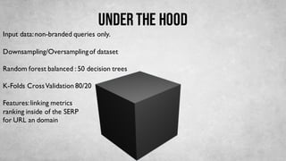 Underthe hood
Input data:non-branded queries only.
Downsampling/Oversamplingof dataset
Random forest balanced : 50 decision trees
K-Folds CrossValidation 80/20
Features:linking metrics
ranking inside of the SERP
for URL an domain
 