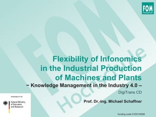 Flexibility of Infonomics
in the Industrial Production
of Machines and Plants
− Knowledge Management in the Industry 4.0 –
DigiTrans CD
funding code 01DO16006
Prof. Dr.-Ing. Michael Schaffner
 