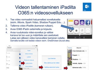 Samat ominaisuudet löydät pc-koneella
työskennellessäsi: spark.adobe.com
1. Sign in  PLUS  Valitse teetkö postauksen (kuva ja teksti) pagen
(sähköinen kirja/esite) vai videon.
2. Valitse template eli tarinan rakenne (idea, tapahtuma, matka) tai valitse tyhjä
pohja: Start from scratch.
3. Luo sisältö, valitse teema ja musiikki ja/tai äänitä selostus. Esikatsele ja jaa.
Esikatselu
Lisää dian sisältö
 