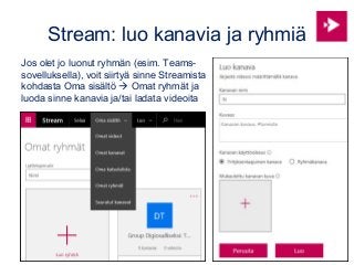 Stream: luo kanavia ja ryhmiä
Jos olet jo luonut ryhmän (esim. Teams-
sovelluksella), voit siirtyä sinne Streamista
kohdasta Oma sisältö  Omat ryhmät ja
luoda sinne kanavia ja/tai ladata videoita
 