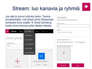 Stream: luo kanavia ja ryhmiä
Jos olet jo luonut ryhmän (esim. Teams-
sovelluksella), voit siirtyä sinne Streamista
kohdas...