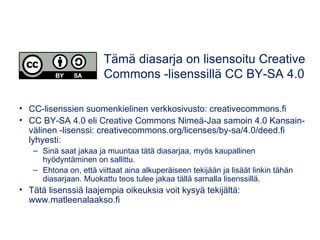 • CC-lisenssien suomenkielinen verkkosivusto: creativecommons.fi
• CC BY-SA 4.0 eli Creative Commons Nimeä-Jaa samoin 4.0 ...
