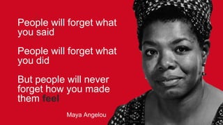 People will forget what
you said
People will forget what
you did
But people will never
forget how you made
them feel
Maya Angelou
 