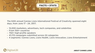 ABOUT CANNES LIONS
The 64th annual Cannes Lions International Festival of Creativity spanned eight
days, from June 17 - 24...