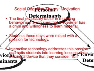 Social Cognitive Theory: Motivation

• The final necessary factor in modeling
  behavior is making sure that the learner has
  a drive and willingness to learn material.

• Students these days were raised with a
  passion for technology.

• Interactive technology addresses this passion
  and baits students into learning lessons while
  utilizing a device that they consider “fun”
 