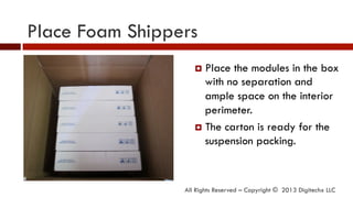 Place Foam Shippers
All Rights Reserved – Copyright © 2013 Digitechx LLC
¤  Place the modules in the box
with no separation and
ample space on the interior
perimeter.
¤  The carton is ready for the
suspension packing.
 
