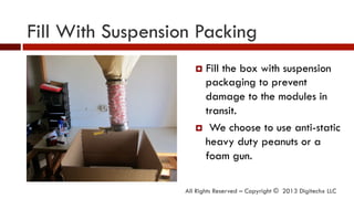 Fill With Suspension Packing
All Rights Reserved – Copyright © 2013 Digitechx LLC
¤  Fill the box with suspension
packaging to prevent
damage to the modules in
transit.
¤  We choose to use anti-static
heavy duty peanuts or a
foam gun.
 