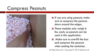 Compress Peanuts
All Rights Reserved – Copyright © 2013 Digitechx LLC
¤  If you are using peanuts, make
sure to compress the peanuts
down around the edges.
¤  These modules only weigh 6
lbs. each, so peanuts can be
used in this application.
¤  Make sure to overfill the box
and compress the peanuts
when sealing the container.
 