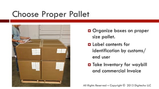 Choose Proper Pallet
All Rights Reserved – Copyright © 2013 Digitechx LLC
¤  Organize boxes on proper
size pallet.
¤  Label contents for
identification by customs/
end user
¤  Take Inventory for waybill
and commercial Invoice
 