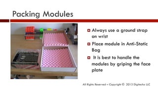 Packing Modules
All Rights Reserved – Copyright © 2013 Digitechx LLC
¤  Always use a ground strap
on wrist
¤  Place module in Anti-Static
Bag
¤  It is best to handle the
modules by griping the face
plate
 