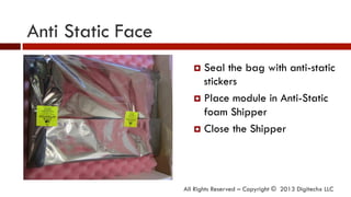 Anti Static Face
All Rights Reserved – Copyright © 2013 Digitechx LLC
¤  Seal the bag with anti-static
stickers
¤  Place module in Anti-Static
foam Shipper
¤  Close the Shipper
 