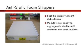 Anti-Static Foam Shippers
All Rights Reserved – Copyright © 2013 Digitechx LLC
¤  Seal the shipper with anti-
static stickers
¤  Module is now ready to
aggregate In double wall
container with other modules
 