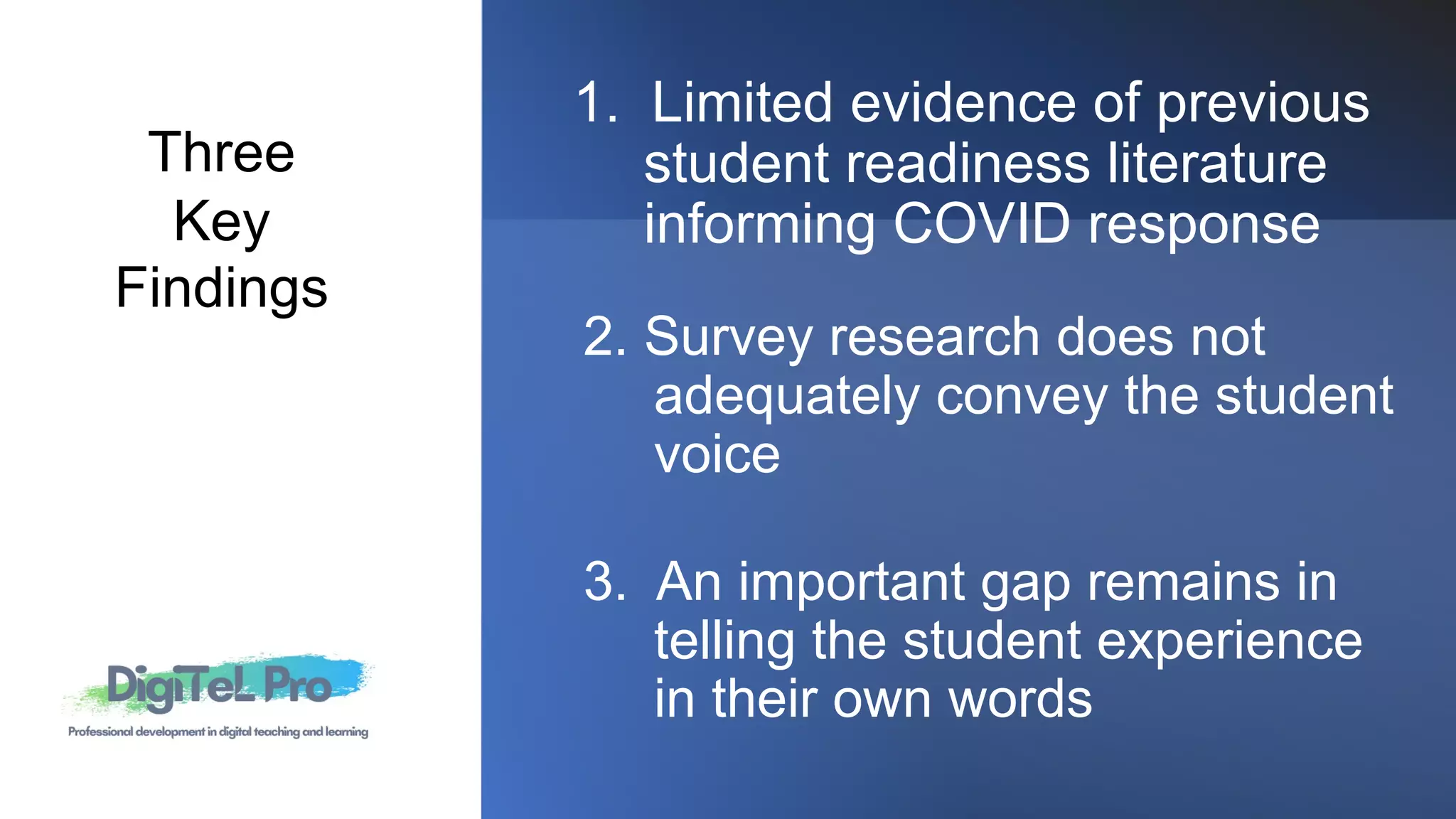 Hybrid
1. Limited evidence of previous
student readiness literature
informing COVID response
3. An important gap remains in
telling the student experience
in their own words
2. Survey research does not
adequately convey the student
voice
Three
Key
Findings
 