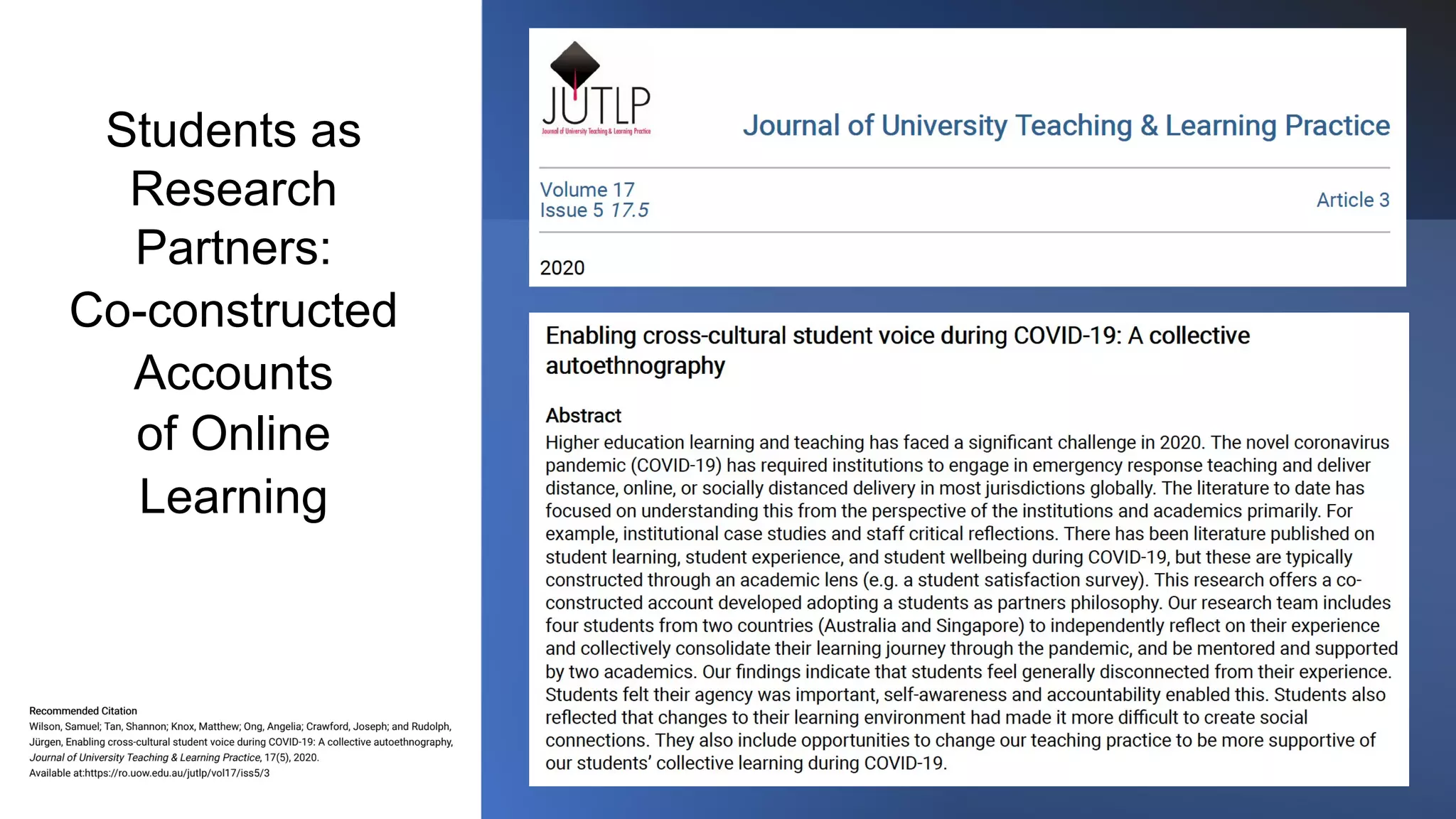 Students as
Research
Partners:
Co-constructed
Accounts
of Online
Learning
 