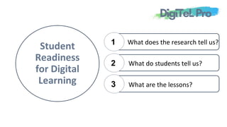 Student
Readiness
for Digital
Learning
1
3
2
What are the lessons?
What do students tell us?
What does the research tell u...
